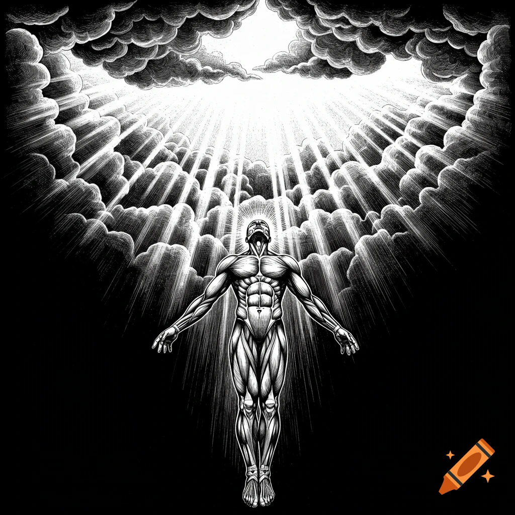 Black and white illustration of a muscular man floating upwards into bright light rays piercing through dark clouds.