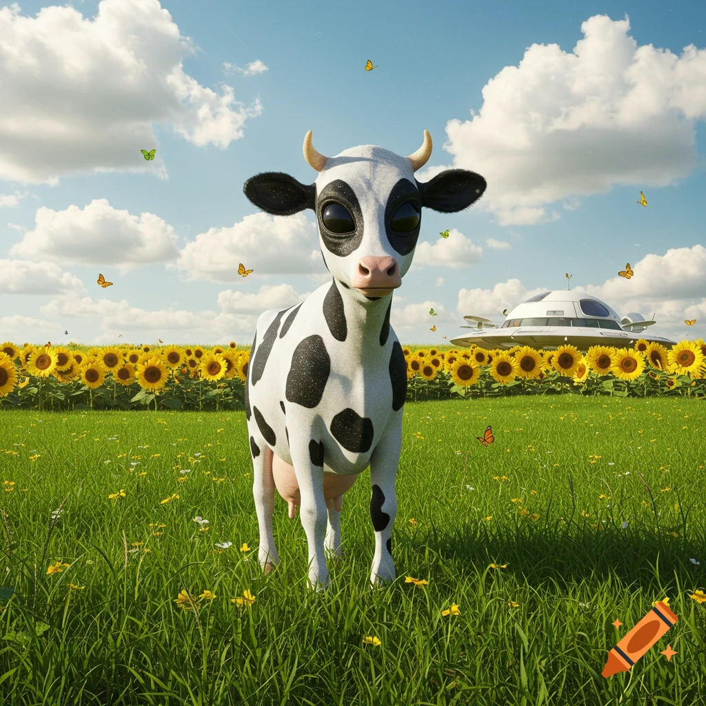 A whimsical, big-eyed cartoon cow stands in a field of sunflowers and green grass, with a flying saucer UFO in the background under a blue sky.
