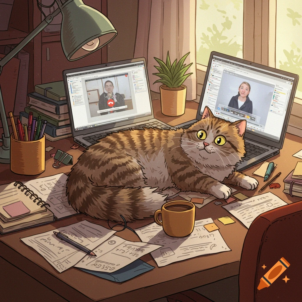 A fluffy tabby cat sprawls on a cluttered desk with laptops showing video calls and papers in an illustrated style.