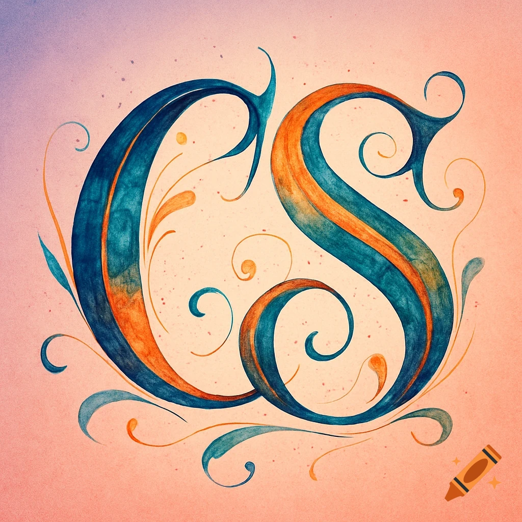 Two ornate, blue and orange watercolor letters 'CS' with decorative swirls on a light pink background.