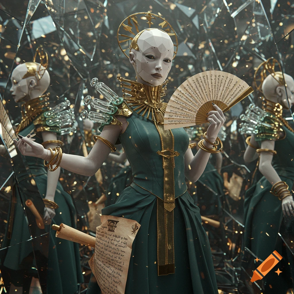 A geometric-headed humanoid in an elaborate green and gold dress stands in a fractured mirror room, holding a fan with text.