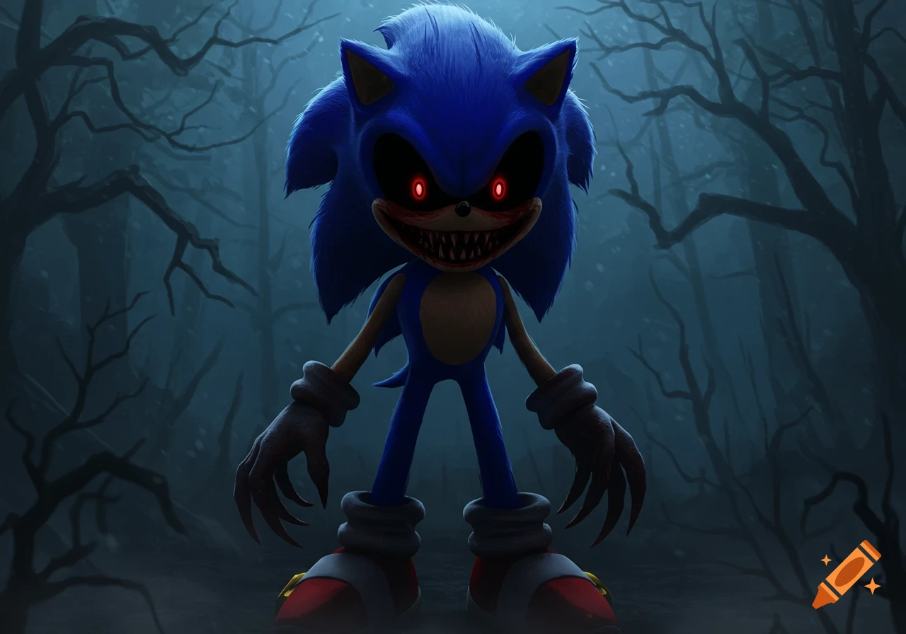 A hyperrealistic, horrifying Sonic.exe stands in a dark, misty forest, featuring glowing red eyes, sharp teeth, and clawed hands.