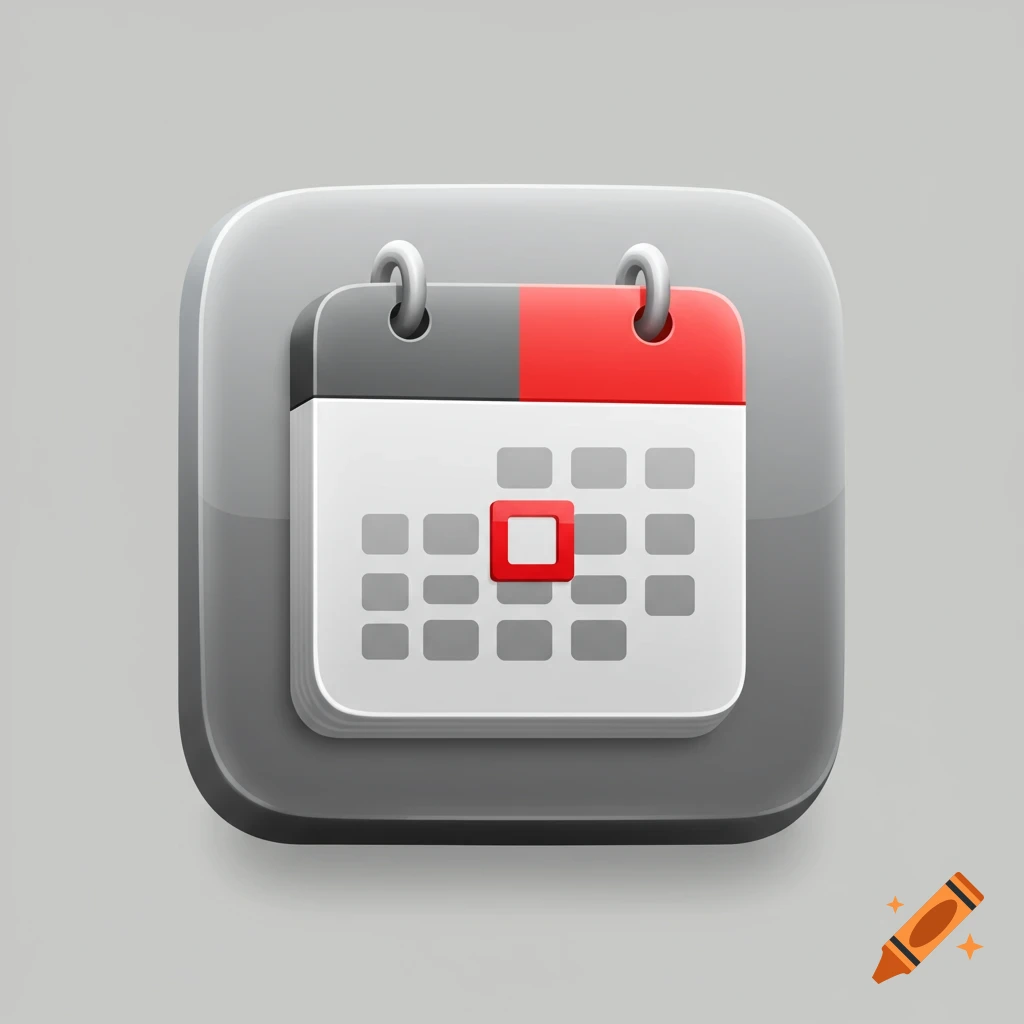 A 3D rendering of a calendar app icon featuring a red highlighted day on a grey rounded square background.