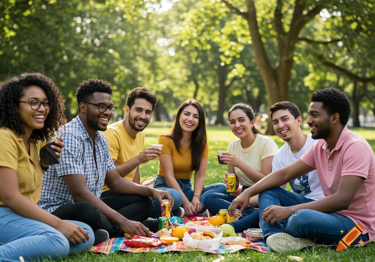 A diverse group of smiling young adults share a picnic on a colorful blanket in a sunny park.