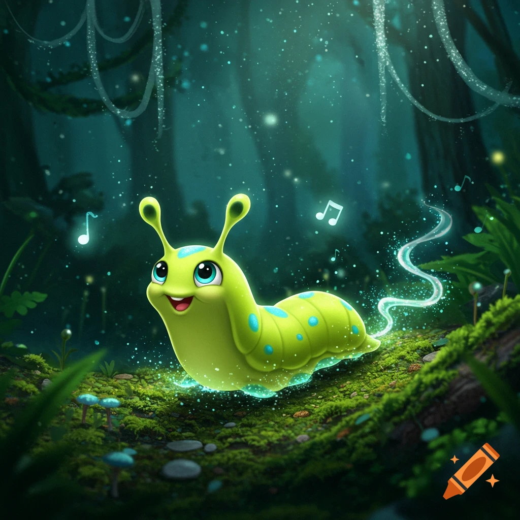 A cute, bright green cartoon slug-like creature with blue spots smiles, glowing in a whimsical, dark fantasy forest with floating musical notes.