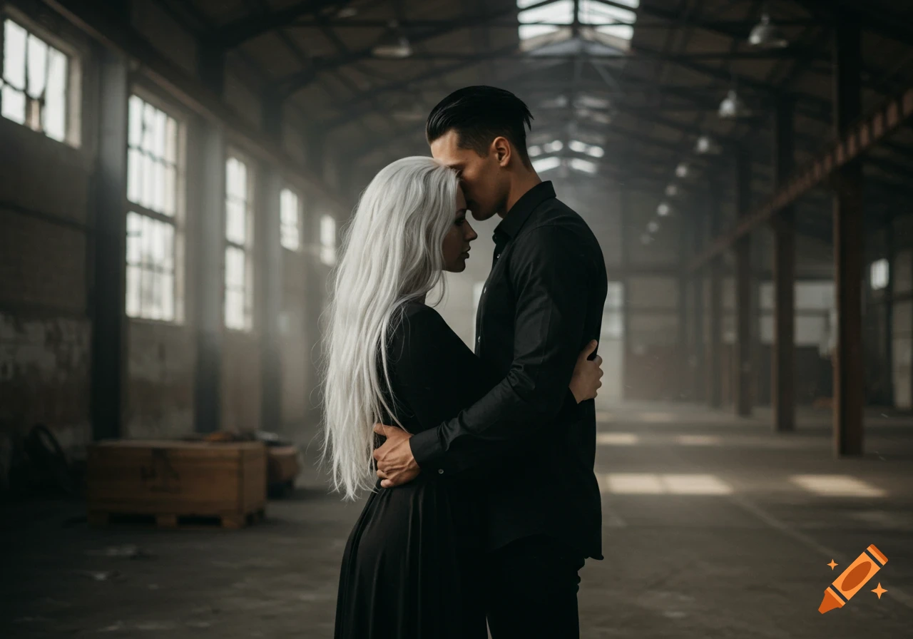 A man and a woman embracing in a dimly lit warehouse, light streaming through windows.