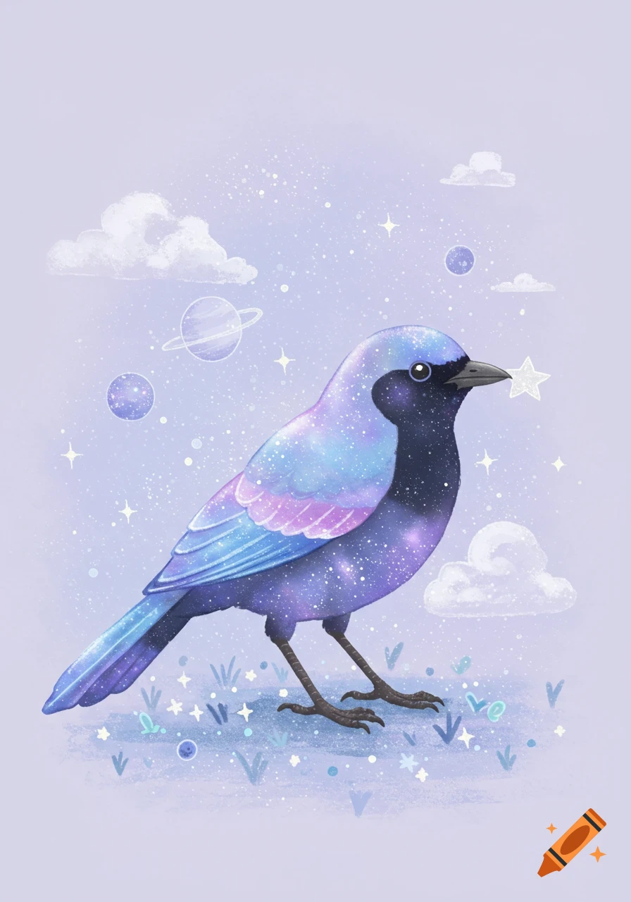 A stylized purple and blue galaxy bird stands on starry ground, surrounded by clouds, planets, and stars, holding a white star.