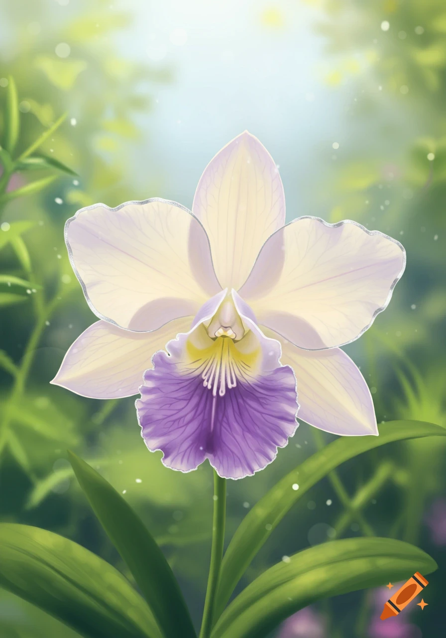 A beautiful white and purple orchid with a yellow center, set against a soft, sunlit green background.