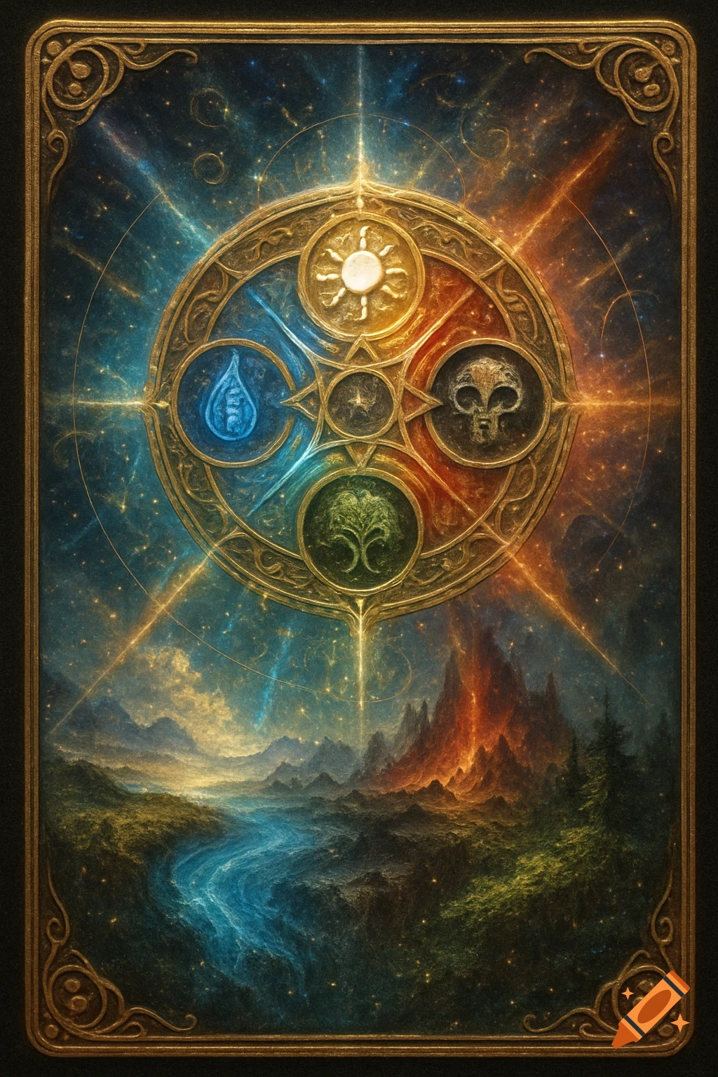 A golden-bordered fantasy card with an ornate central wheel featuring sun, water, skull, and tree symbols, over a cosmic landscape.