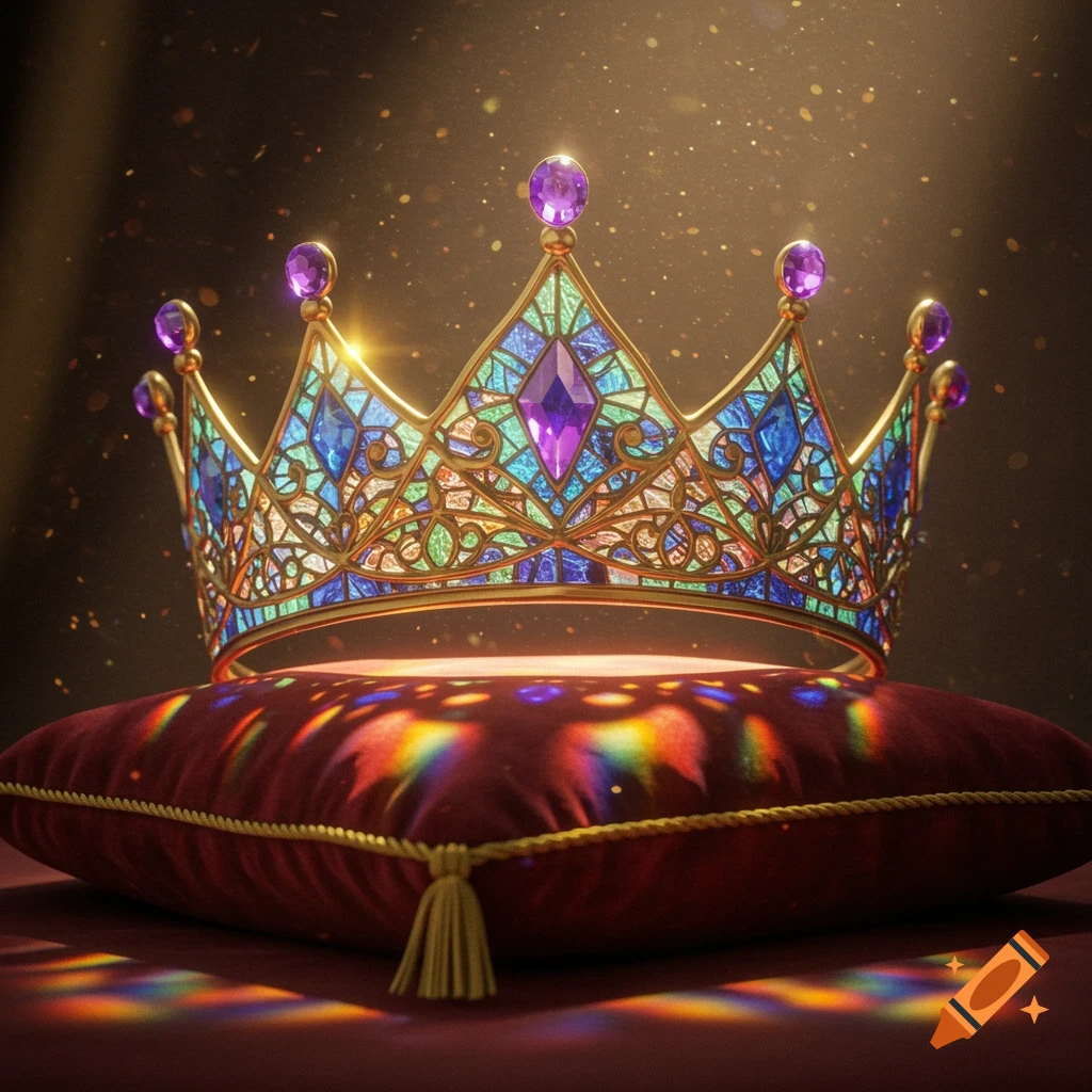 A luminous stained glass crown with colorful gems rests on a red velvet pillow, lit by sparkling golden light.