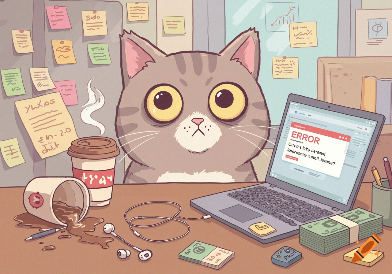 A wide-eyed cartoon cat looks over a desk with a laptop displaying an error, spilled coffee, and scattered money.