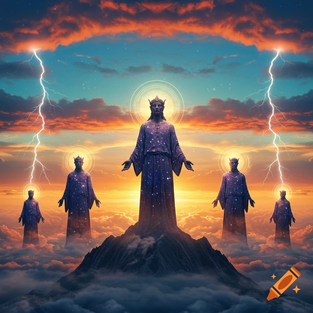 Five celestial figures resembling gods or statues stand on mountain peaks amidst clouds under a dramatic sky with lightning and a vibrant sunset.