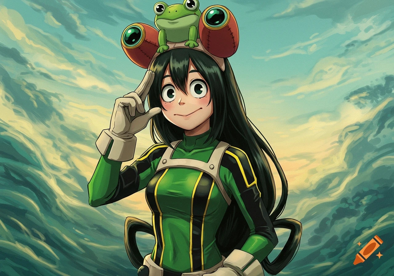 Anime character Tsuyu Asui in her green hero costume with a small frog on her head, against a cloudy sky.