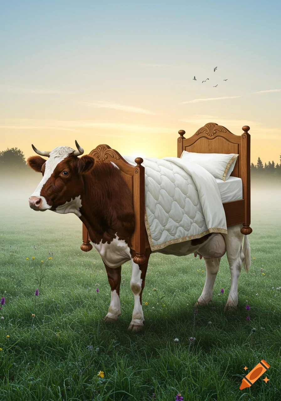 A surreal, photorealistic brown and white cow with a wooden bed and white bedding as its body stands in a misty green field at sunrise.