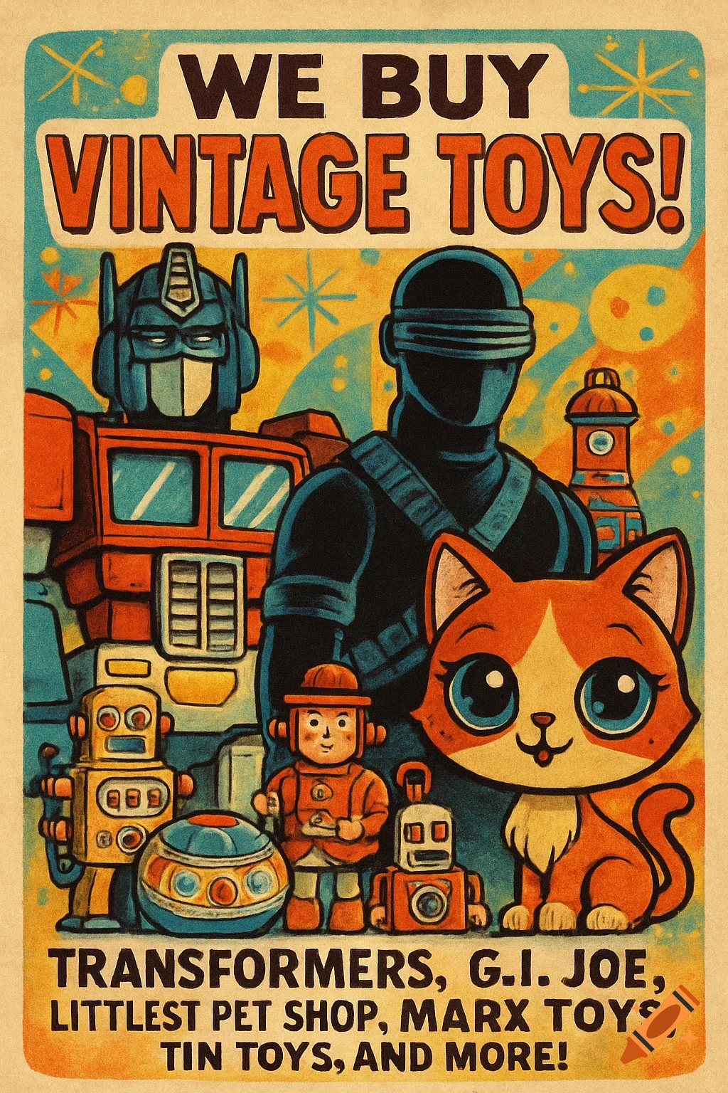 Vintage poster advertising the buying of vintage toys, featuring Optimus Prime, a G.I. Joe character, robots, and a cat.