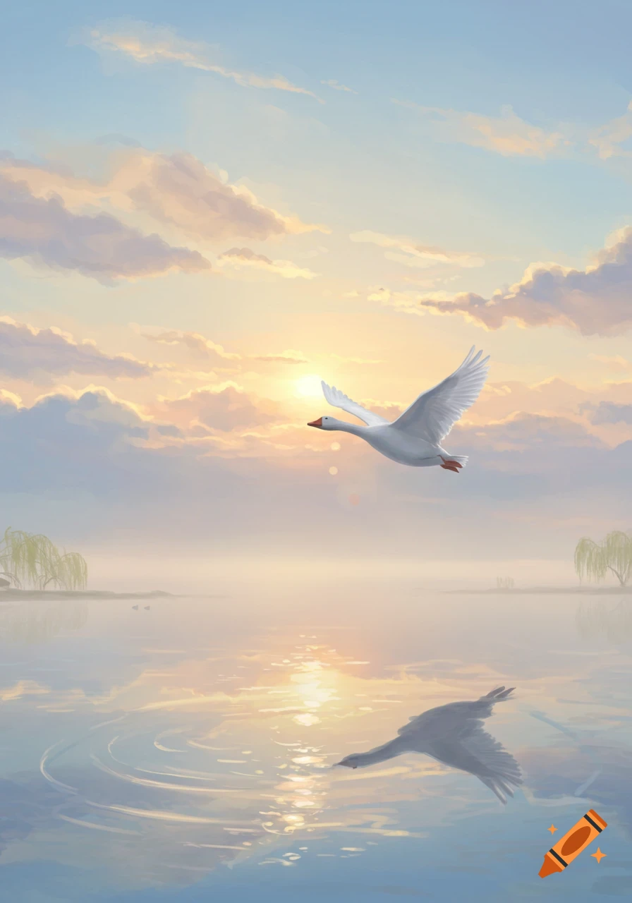 A white swan flies gracefully over a calm lake with a vibrant sunset and clouds in the sky.