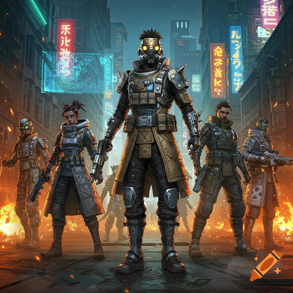 A group of futuristic, armored soldiers stands in a dimly lit cyberpunk city street with glowing neon signs and fire.