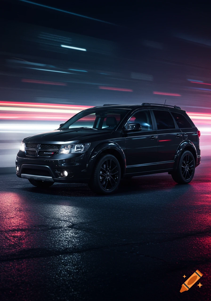 A black Dodge Journey SUV is parked on a wet street at night, with blurred light trails in the background.
