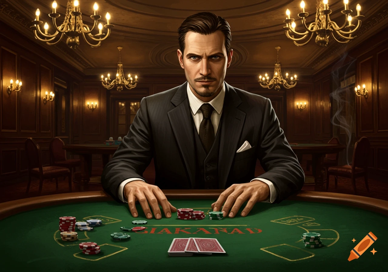 A stern man in a dark suit sits at a green poker table with chips and cards, in a luxurious, chandelier-lit room.
