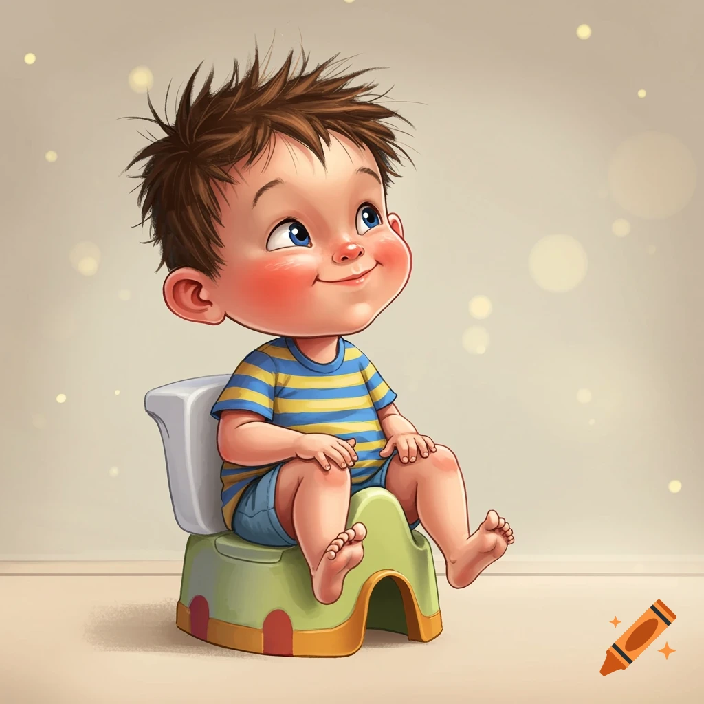A smiling cartoon boy with messy brown hair and a striped shirt sits on a green and white potty.