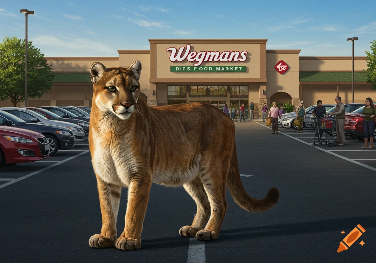 A photorealistic mountain lion stands in the parking lot of a Wegmans grocery store, with cars and shoppers in the background.