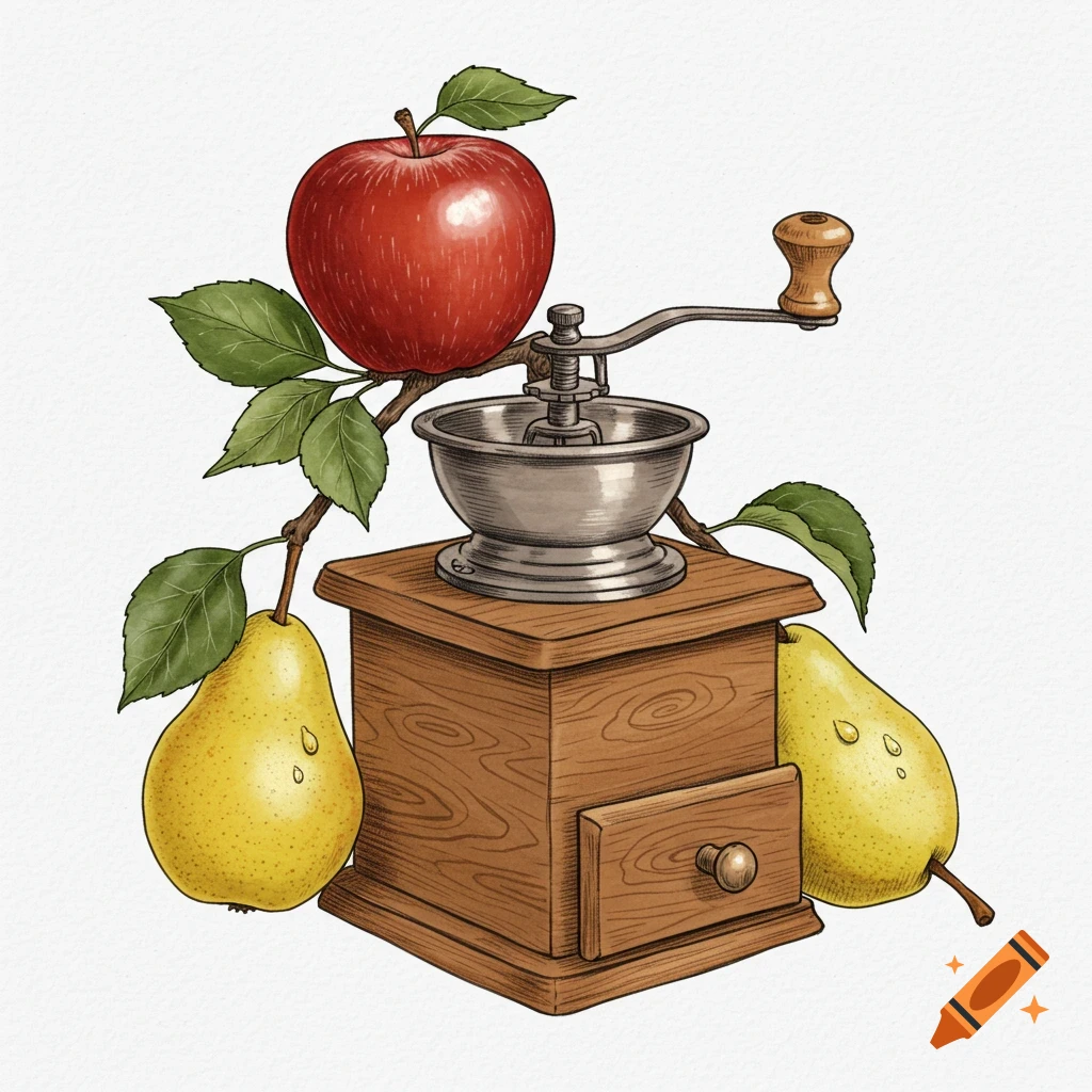 A detailed hand-drawn illustration of a vintage wooden coffee grinder with a red apple on top and yellow pears around it, on a white background.