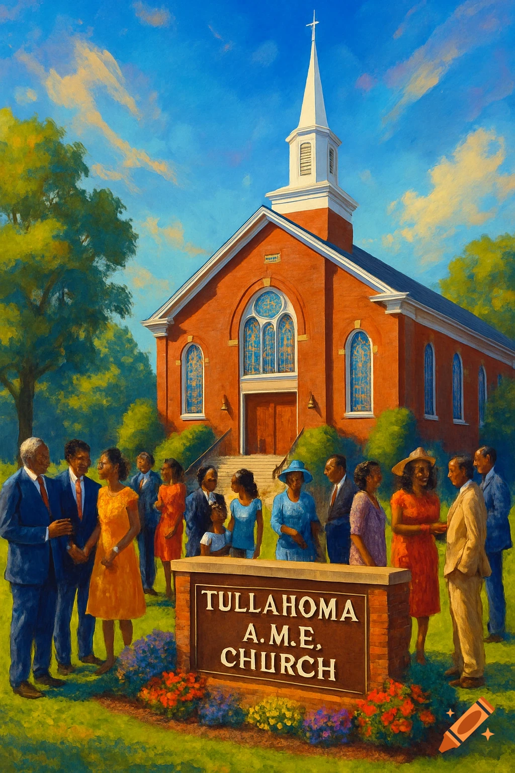 A painterly depiction of a red brick church with a white steeple, surrounded by a group of African American people in the yard, with a sign reading 'TULLAHOMA A.M.E. CHURCH'.