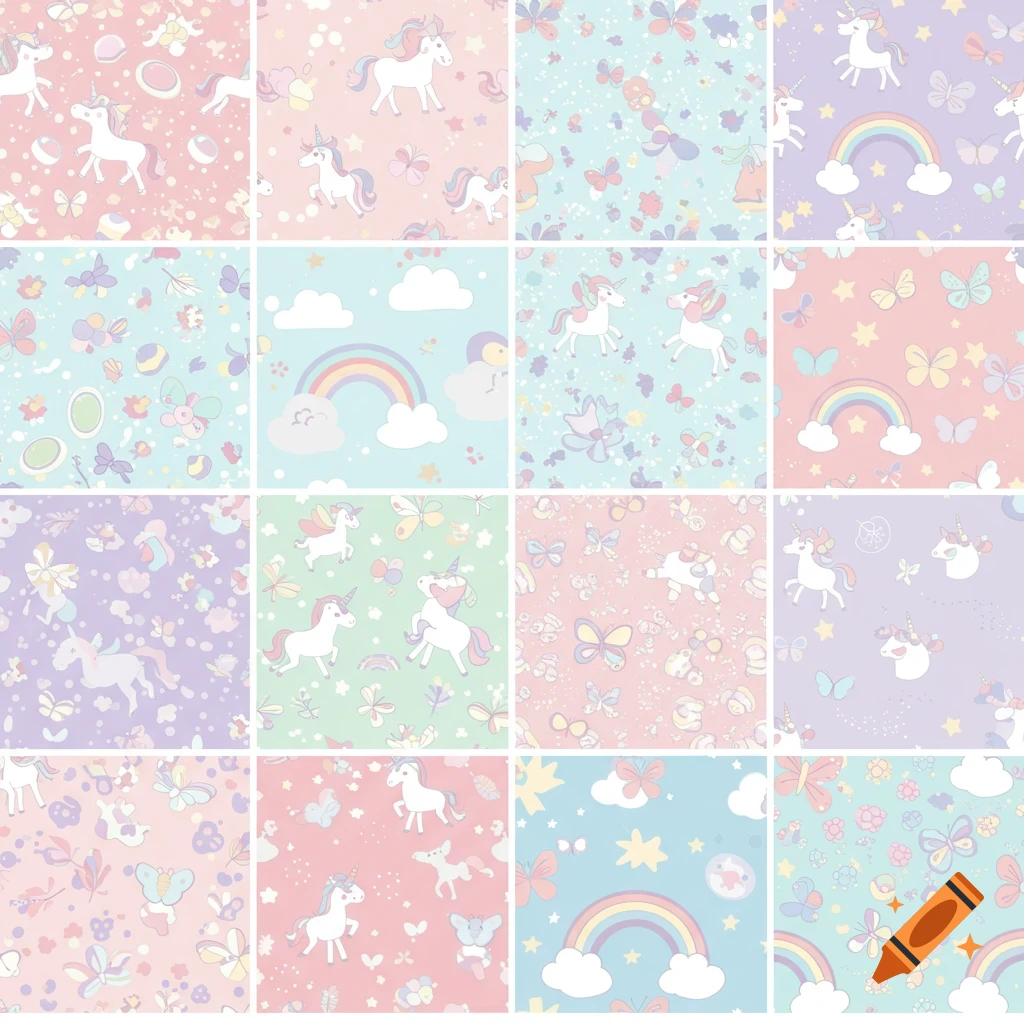 A grid of 16 pastel patterns featuring unicorns, rainbows, clouds, stars, and butterflies in a cute, cartoonish style.