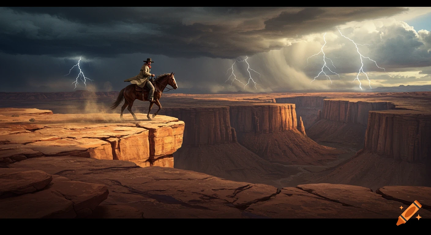 A cowboy on horseback stands on the edge of a vast canyon under a stormy sky with lightning.