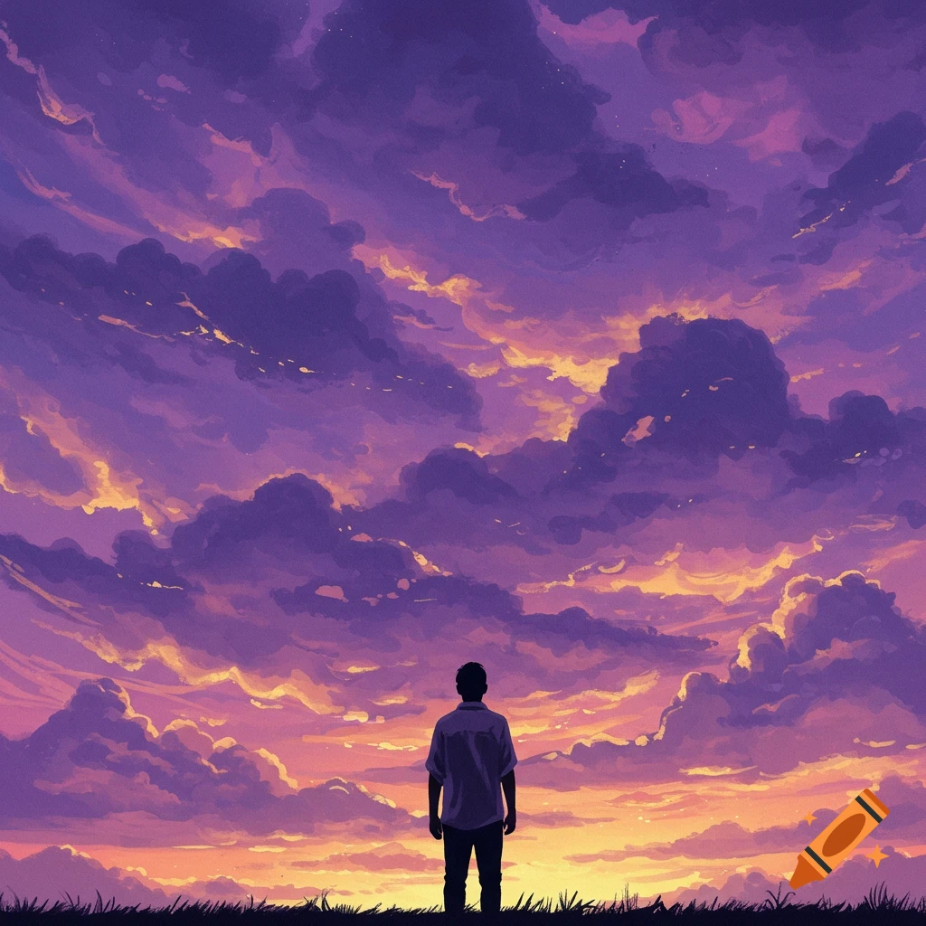 A silhouetted man stands on a grassy hill looking up at a dramatic purple and orange sunset sky.