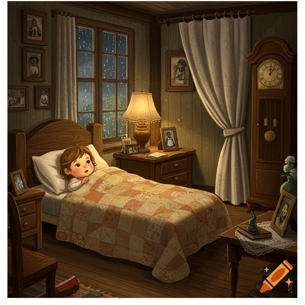 An illustration of a young girl with brown hair lying in a wooden bed under a patchwork quilt, looking up with wide eyes in a cozy, lamp-lit bedroom with rain visible through the window.