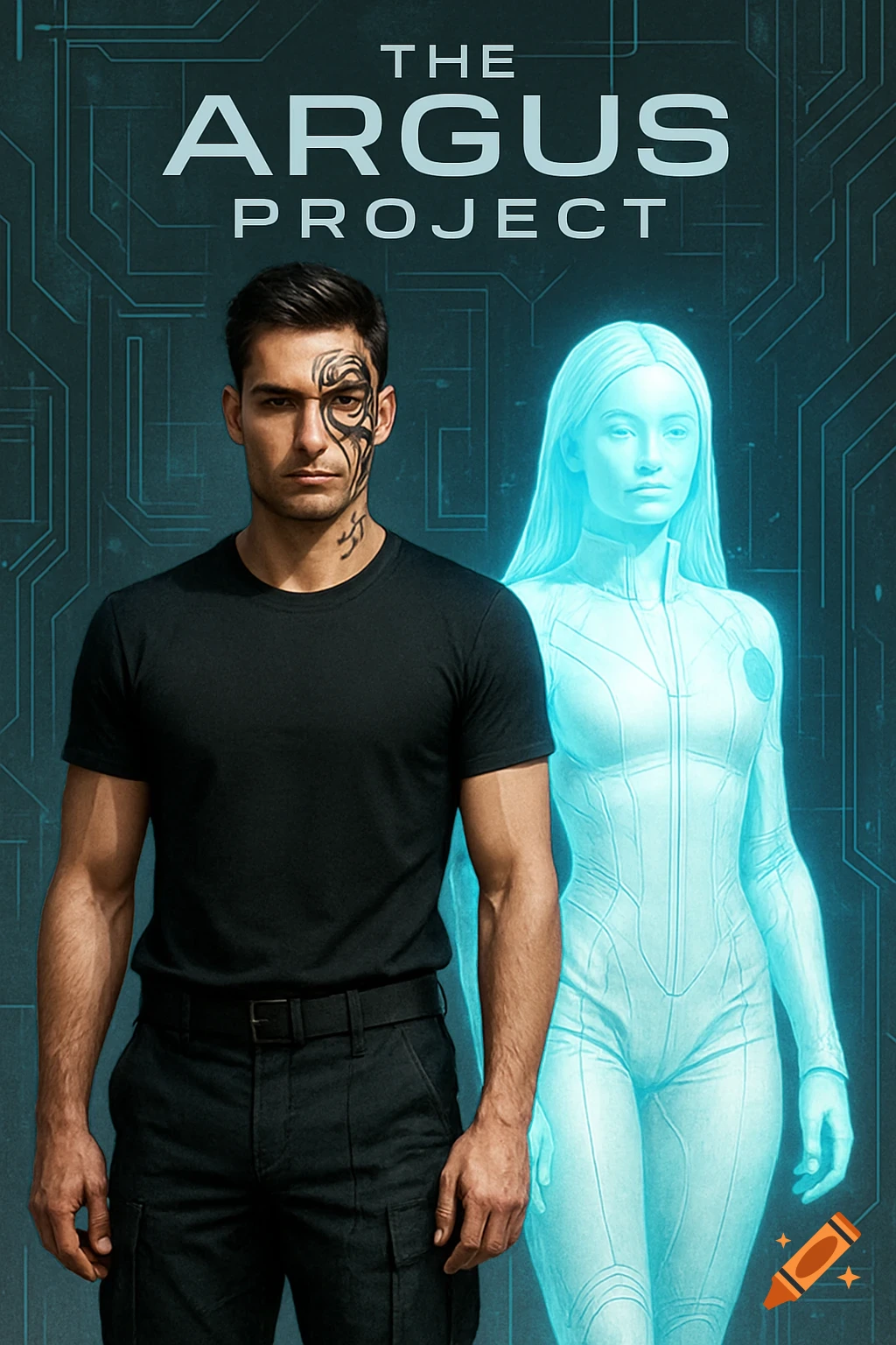 A man with a tribal face tattoo stands next to a glowing blue holographic woman against a circuit board background, titled 'The Argus Project'.