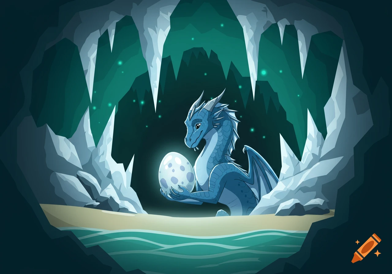 A cartoon blue dragon holding a glowing white egg with spots in a dark, icy cave by a small pool of water.