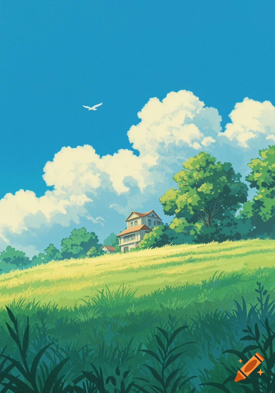 A vibrant Ghibli-style 2D animation landscape with a house on a green hill, fluffy clouds, and a bird flying in a blue sky.