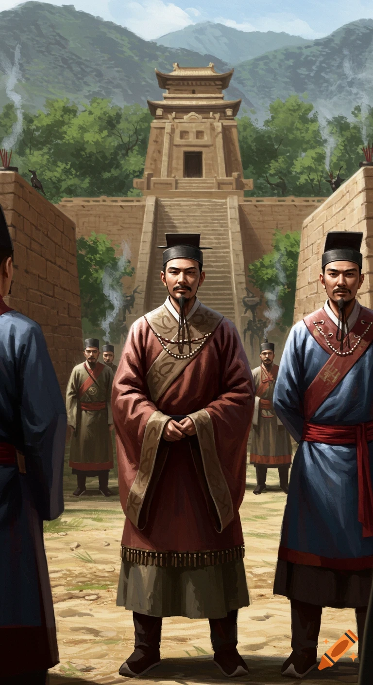 Men in traditional Chinese robes stand before a large stone temple with mountains in the background, in a painted style.