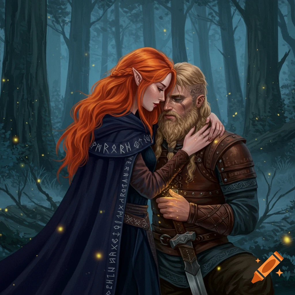 Digital painting of a red-haired elf woman embracing a blond Viking man in a glowing, mystical forest.