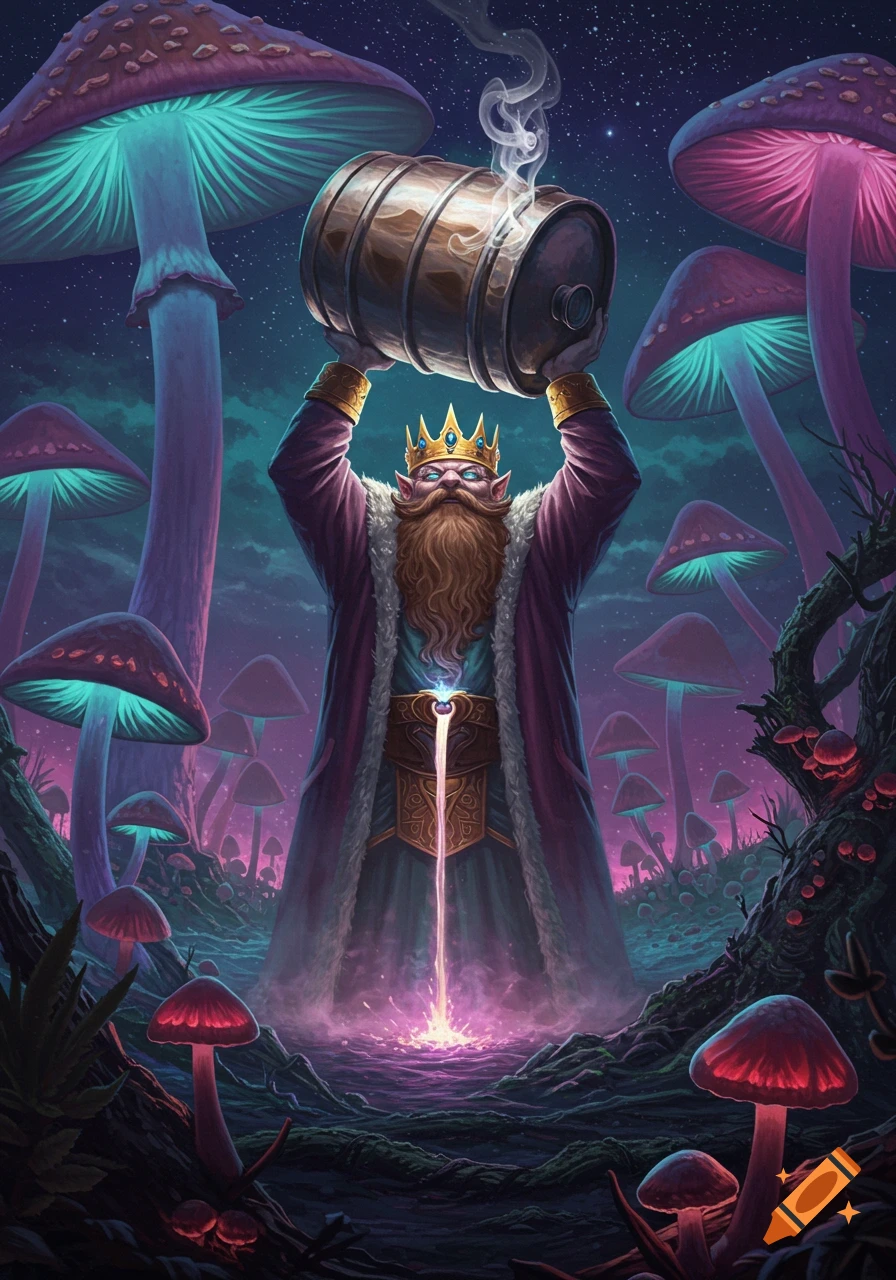 A king-like dwarf with a beard and crown pours liquid from a barrel in a fantastical forest with glowing psychedelic mushrooms.