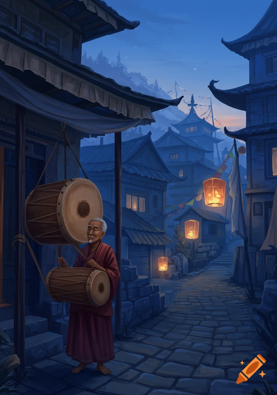 An old man in a maroon robe plays drums on a stone street in an Asian village at dusk, lit by paper lanterns.