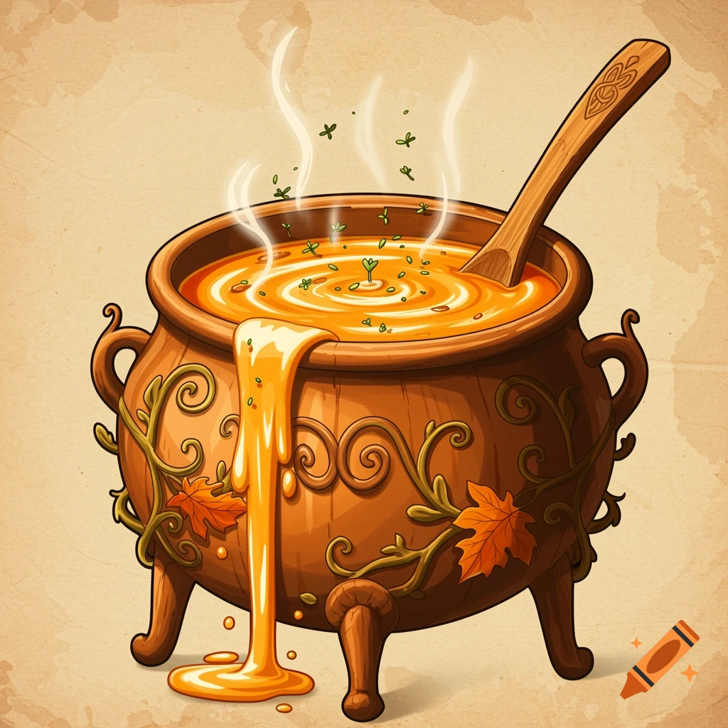 Cartoon illustration of a steaming orange soup in a decorative brown cauldron with autumn leaves, a wooden spoon inside, and soup spilling over the side.