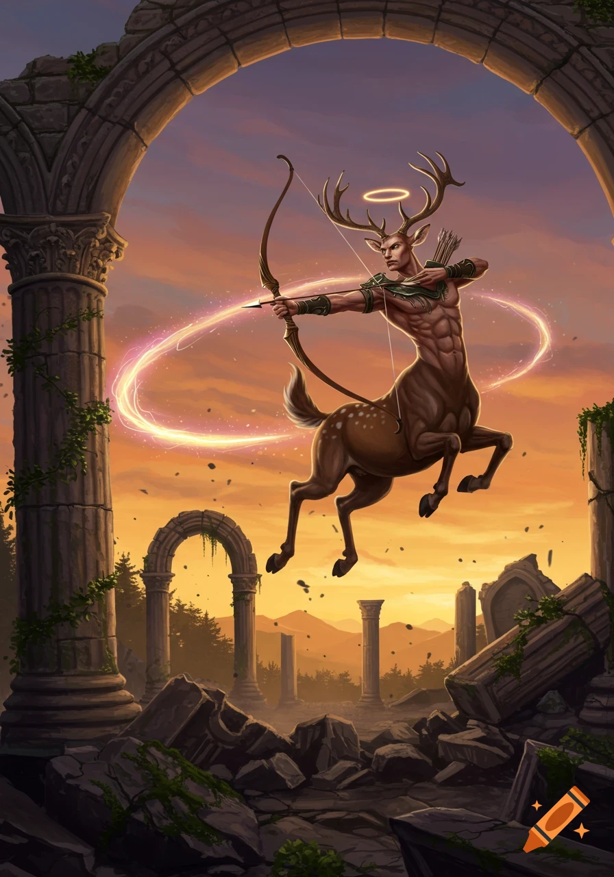 A male deer centaur with a halo and muscular torso jumps over ancient ruins, firing a glowing magic arrow from a longbow at sunset.