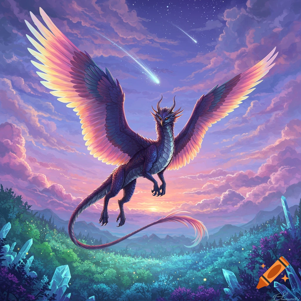 A majestic winged dragon-like creature with colorful wings soars through a vibrant, cloudy sky with shooting stars, over a magical landscape with glowing crystals and lush trees.