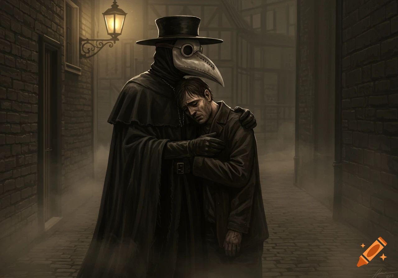 A plague doctor in a black cloak and bird mask embraces a man in a dark, misty alley lit by a lantern.