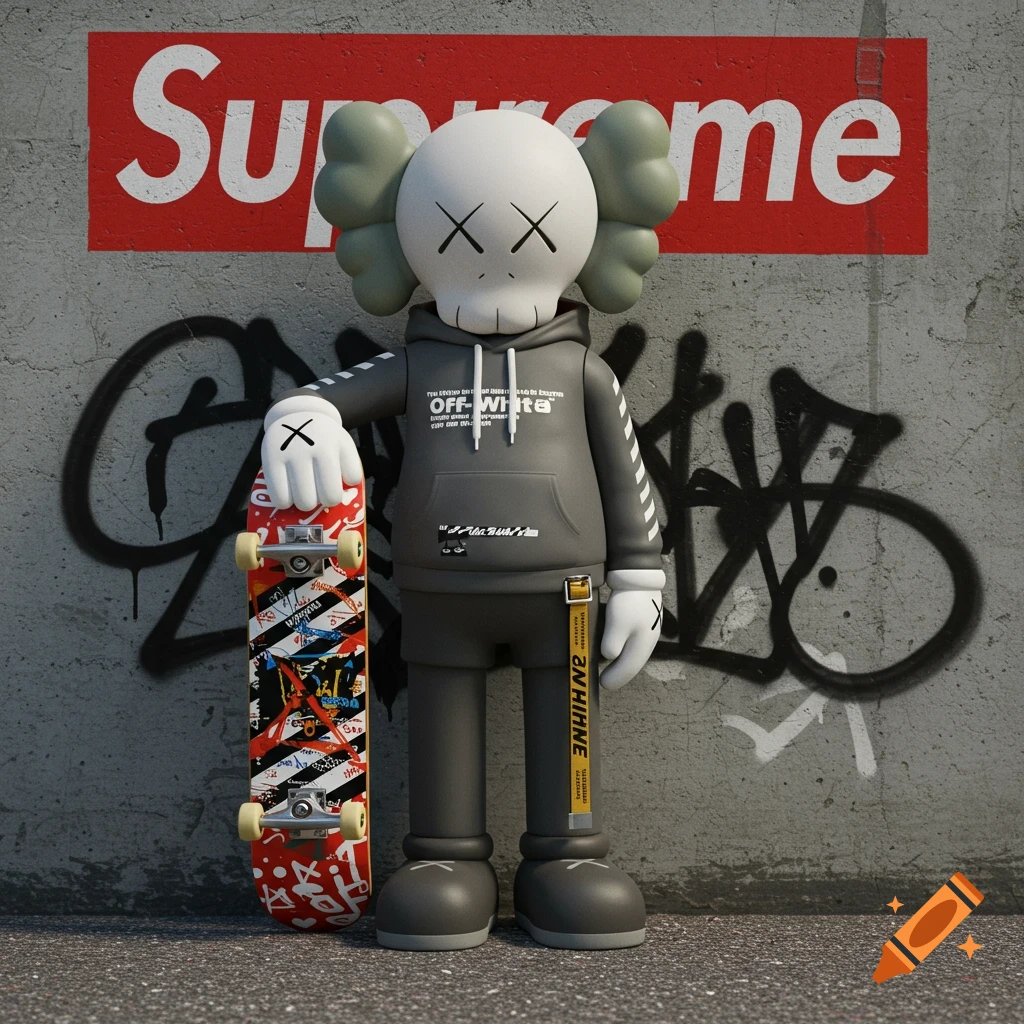 A KAWS figure wearing a grey Off-White hoodie and black shorts, holding a skateboard, leaning against a graffiti-covered wall with a red Supreme logo.