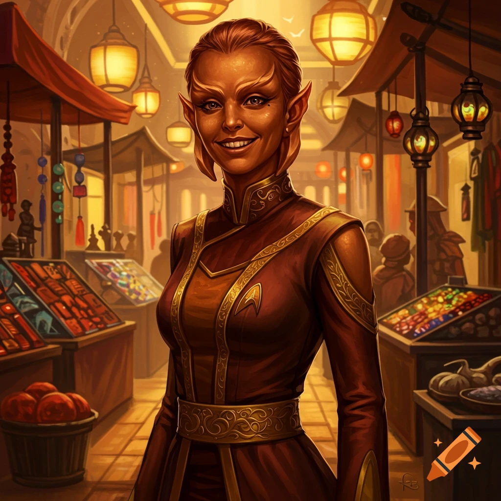 A smiling female alien in a red and gold uniform with a badge, standing in a vibrant marketplace with lanterns and stalls.