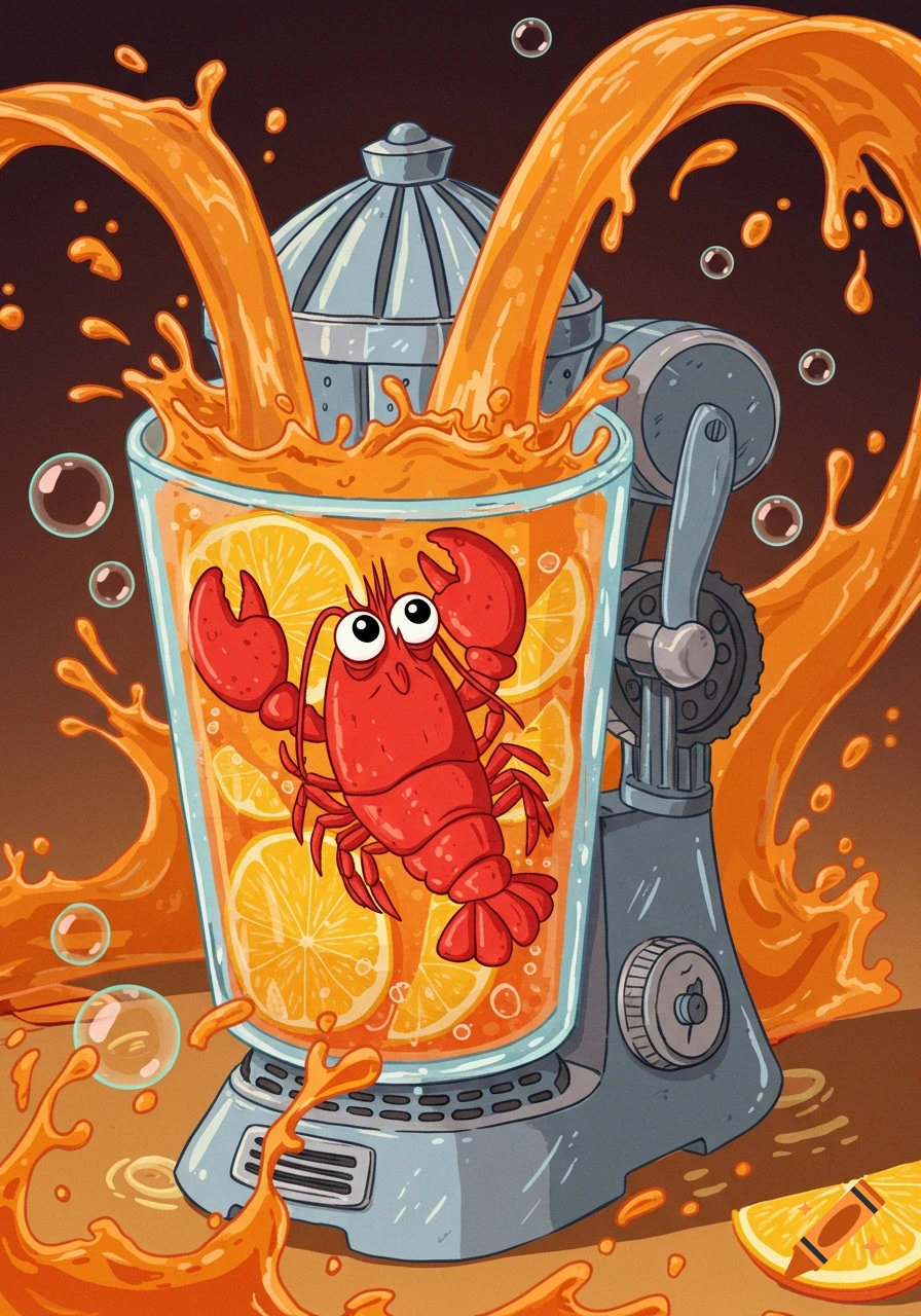 A cartoon lobster with wide eyes is inside a glass filled with orange slices and juice, while streams of orange juice splash out of a juicer surrounding the glass.