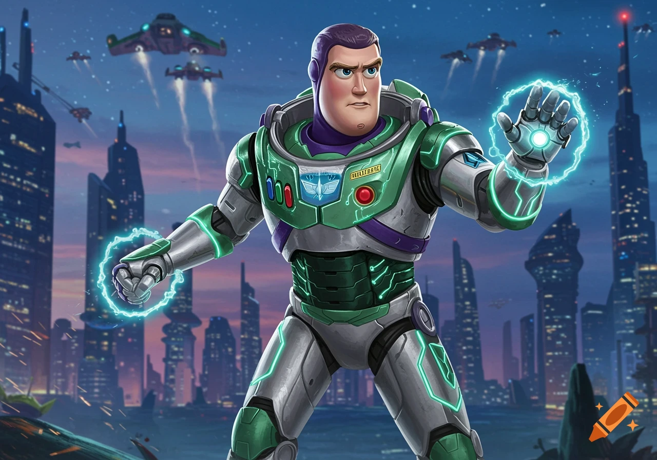 Buzz Lightyear in his iconic spacesuit, glowing energy emanating from his hands, standing in a futuristic city with spaceships flying overhead.
