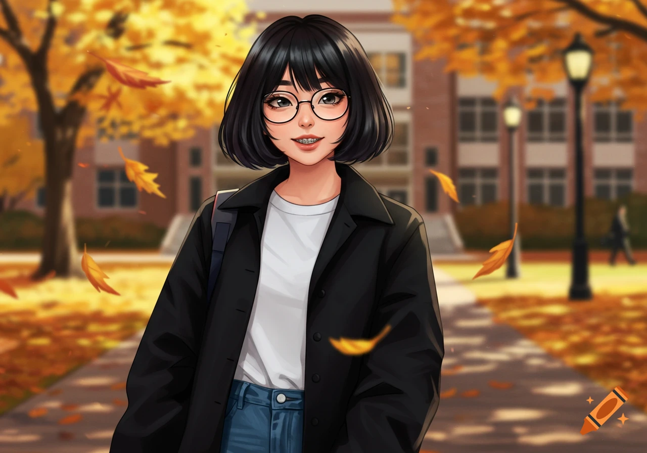 An anime-style portrait of a cute Asian female college student with a bob, glasses, and braces on an autumn campus path.