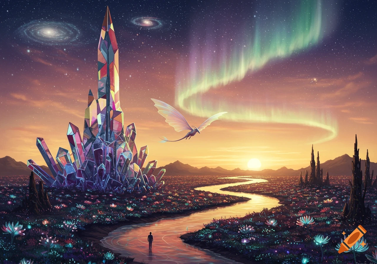 Vibrant fantasy landscape with a towering crystal formation, a winding river, and a person, under a starry sky with a flying dragon, galaxies, and aurora borealis at sunset.