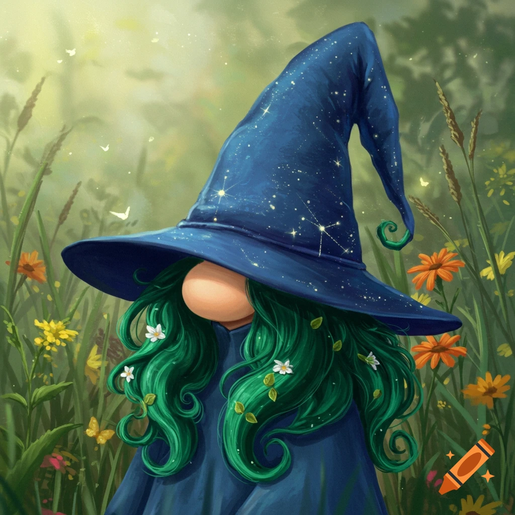 A stylized gnome with a blue wizard hat adorned with stars and green hair with flowers in a lush garden with wildflowers.