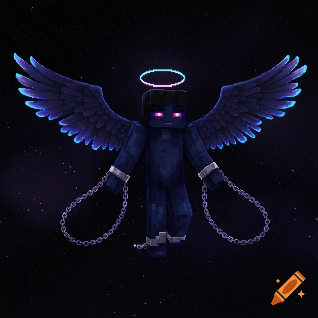 A dark, pixelated Minecraft-style angel character with glowing blue-purple wings, a halo, and shackles floating in a star-filled void.